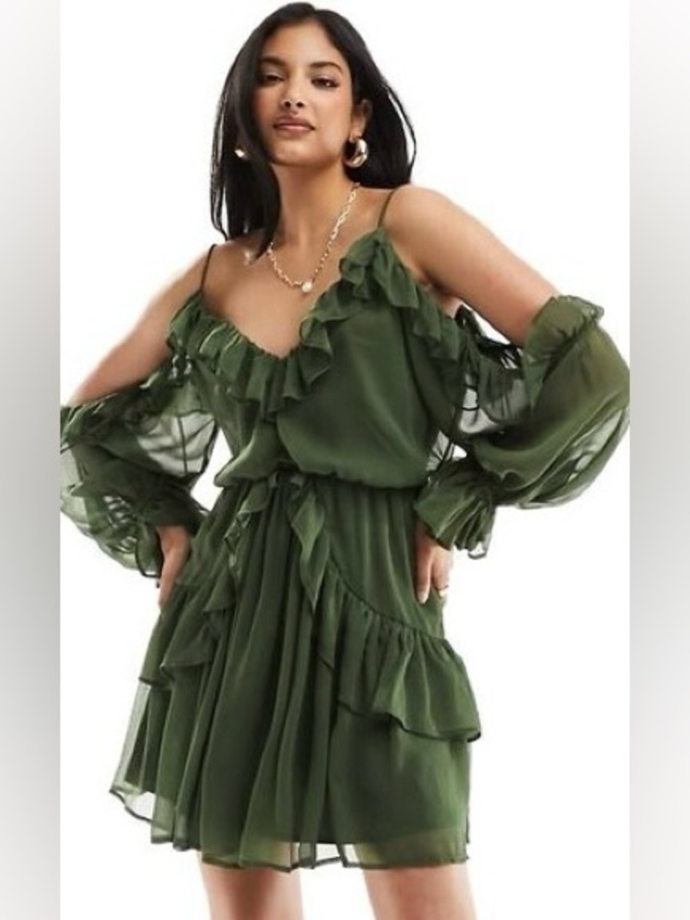 Rachel Zoe Olive Green Ruffle Chiffon Mini Dress Open Back Small